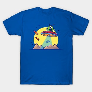 Cute Alien Flying on Planet with UFO and Meteorite Space Cartoon Vector Icon Illustration T-Shirt